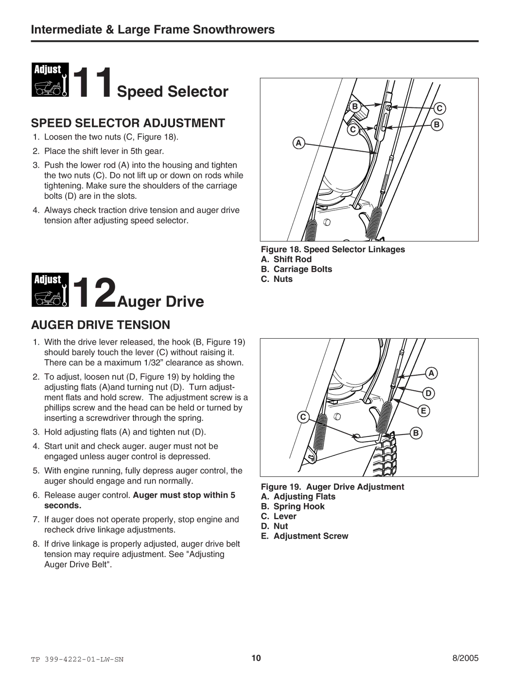 Snapper 1694853 95247E, 1694852 1380EX, 1694851 1380E, 1694850 11570EX manual Speed Selector Adjustment, Auger Drive Tension 