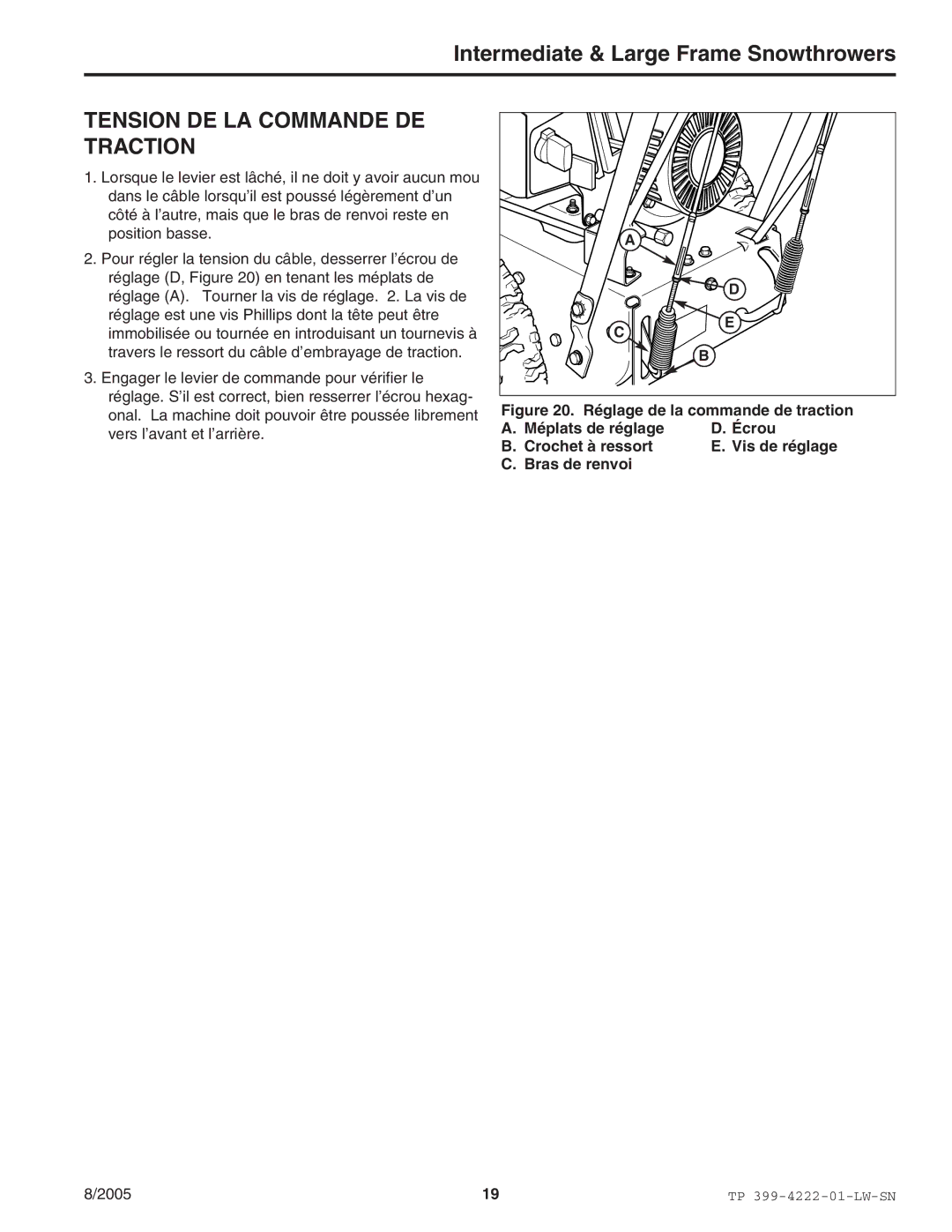 Snapper 1694847 10560E, 1694852 1380EX manual Tension DE LA Commande DE Traction, Réglage de la commande de traction 
