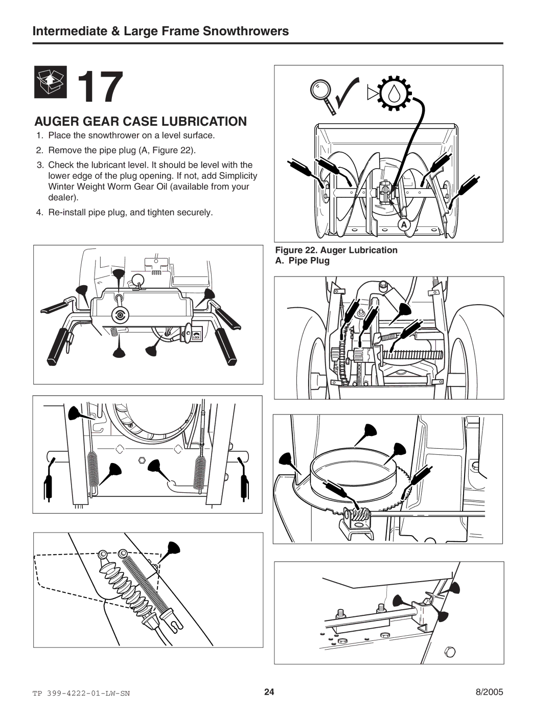 Snapper 1694852 1380EX, 1694851 1380E, 1694850 11570EX manual Auger Gear Case Lubrication, Auger Lubrication Pipe Plug 