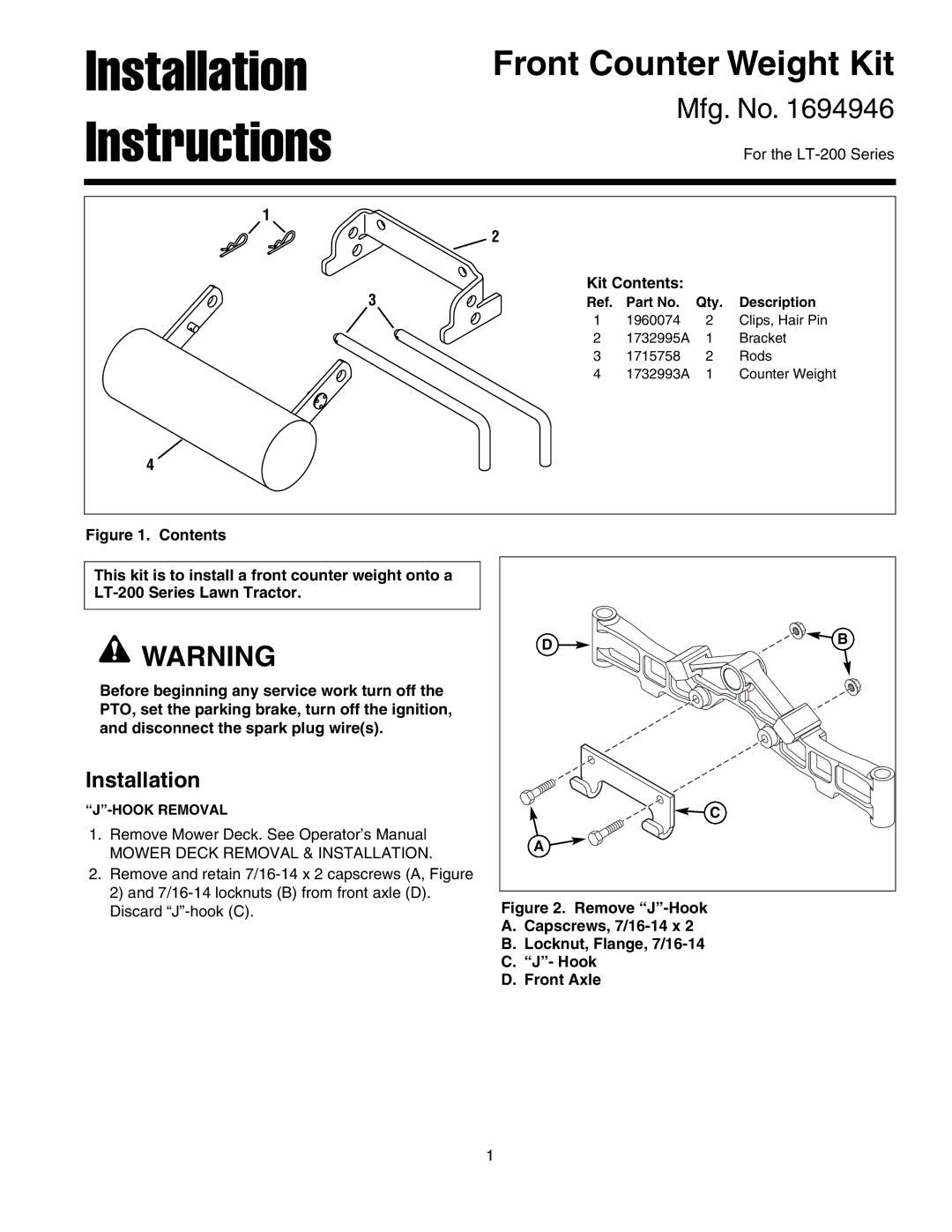 Snapper 1694946 installation instructions Installation Instructions, Front Counter Weight Kit, Mfg. No, Kit Contents 