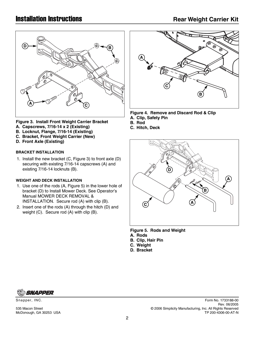 Snapper 1694946 installation instructions Installation Instructions, Rear Weight Carrier Kit 