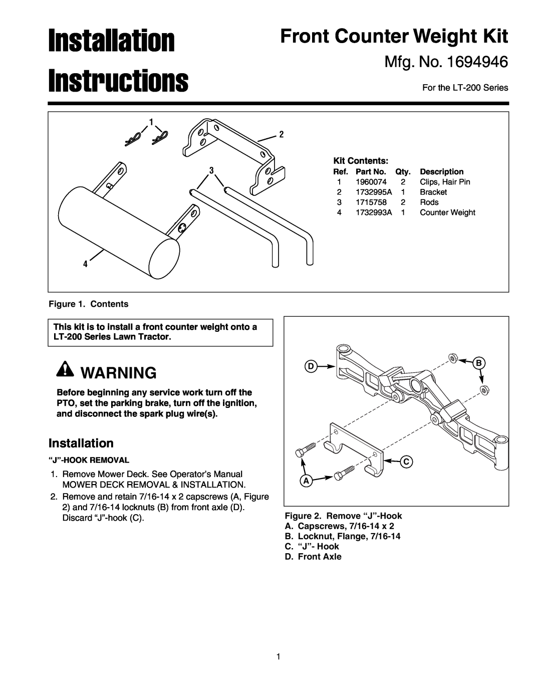 Snapper 1694946 installation instructions Installation Instructions, Front Counter Weight Kit, Mfg. No 