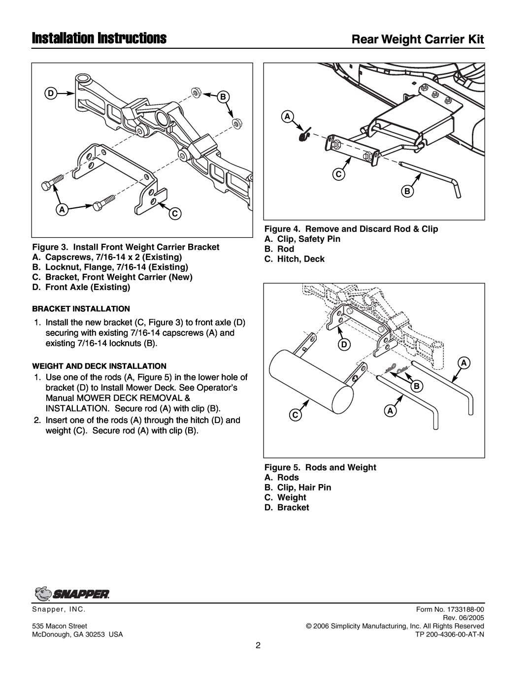 Snapper 1694946 installation instructions Installation Instructions, Rear Weight Carrier Kit 