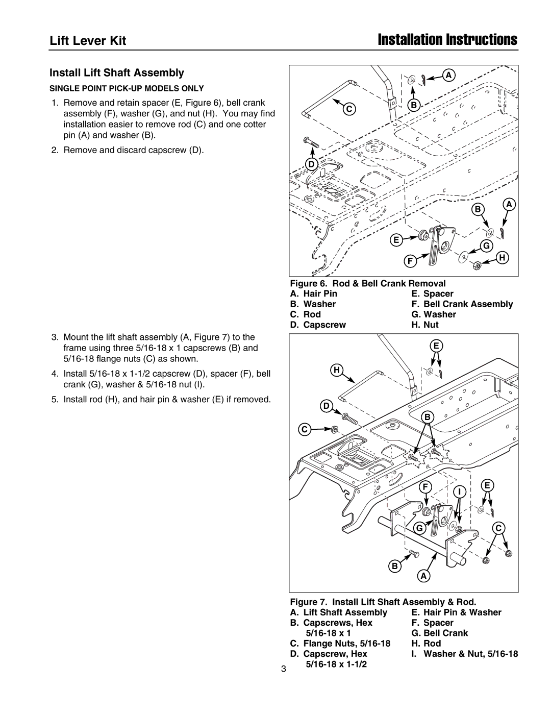 Snapper 1694947 installation instructions Installation Instructions, Install Lift Shaft Assembly 