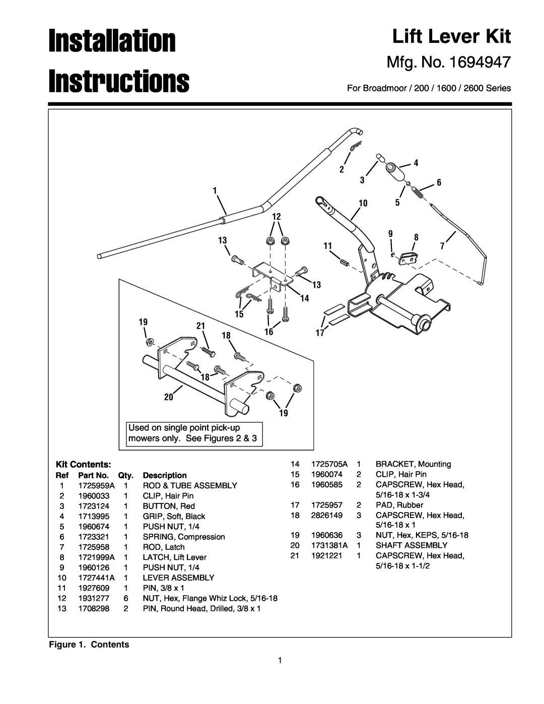 Snapper 1694947 installation instructions Installation Instructions, Lift Lever Kit, Mfg. No, Description 
