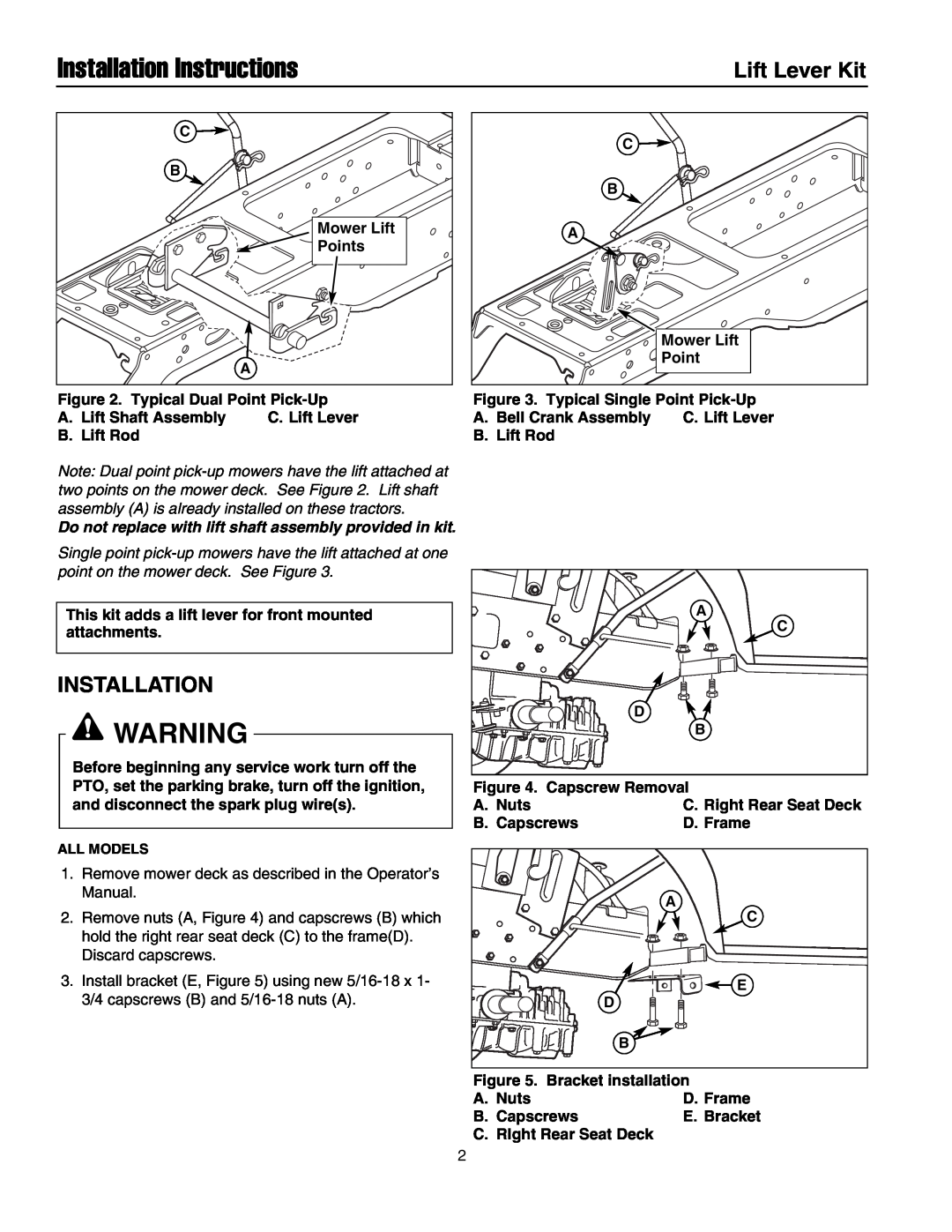 Snapper 1694947 Installation Instructions, Lift Lever Kit, Do not replace with lift shaft assembly provided in kit 