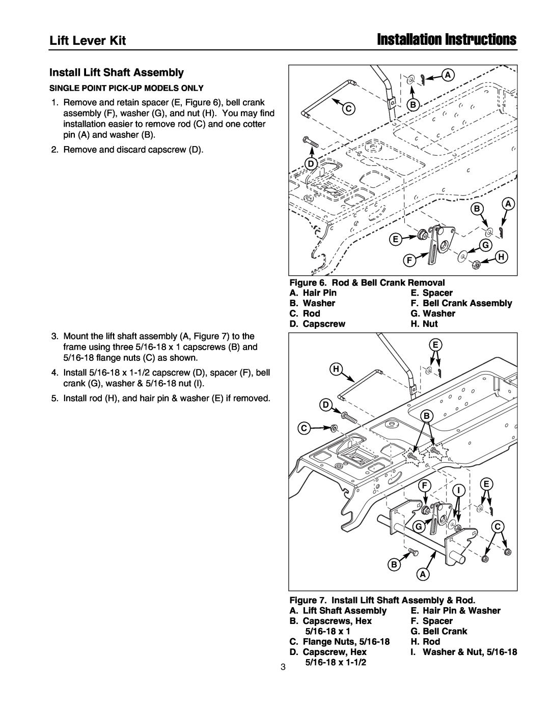 Snapper 1694947 installation instructions Lift Lever Kit, Install Lift Shaft Assembly, Installation Instructions 