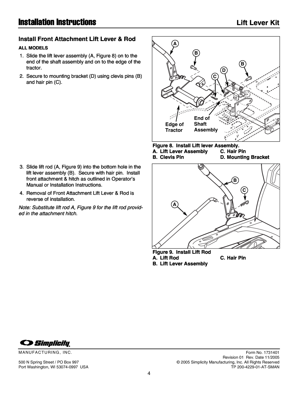 Snapper 1694947 Install Front Attachment Lift Lever & Rod, Installation Instructions, Lift Lever Kit 