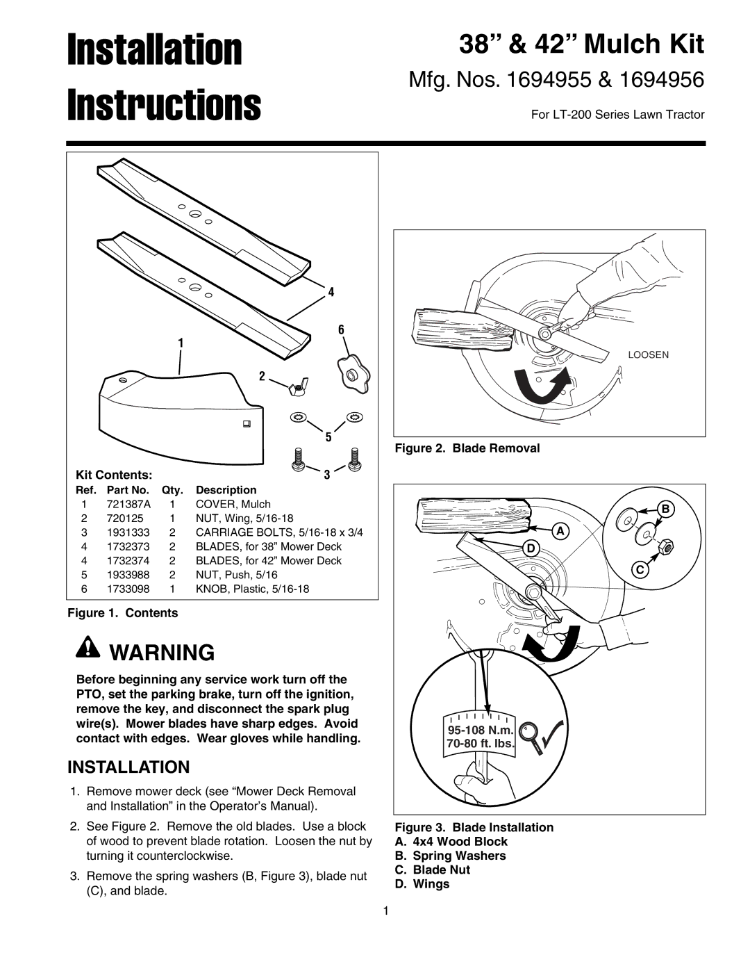 Snapper 1694955, 1694956 installation instructions Installation Instructions 