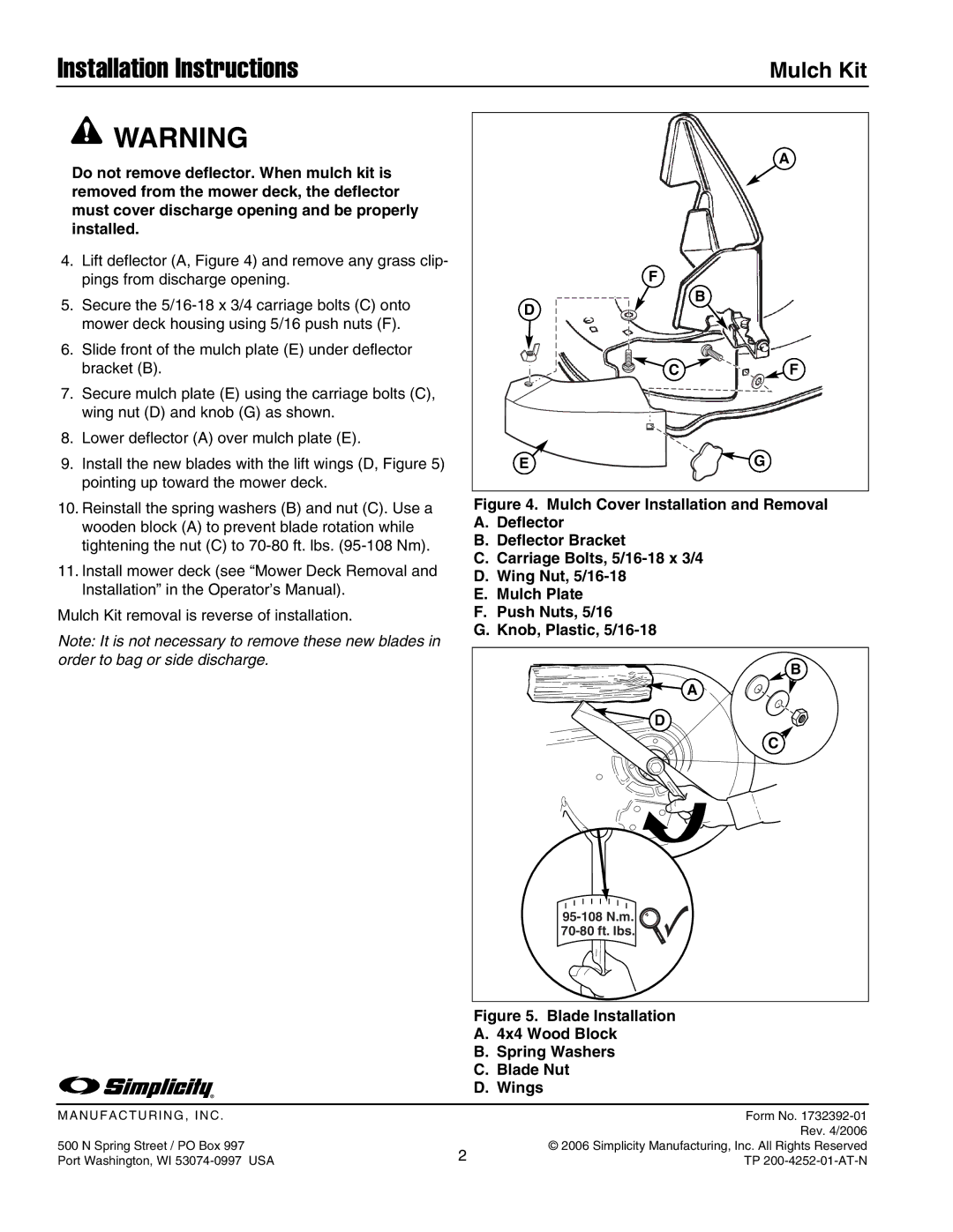 Snapper 1694956, 1694955 installation instructions Installation Instructions 