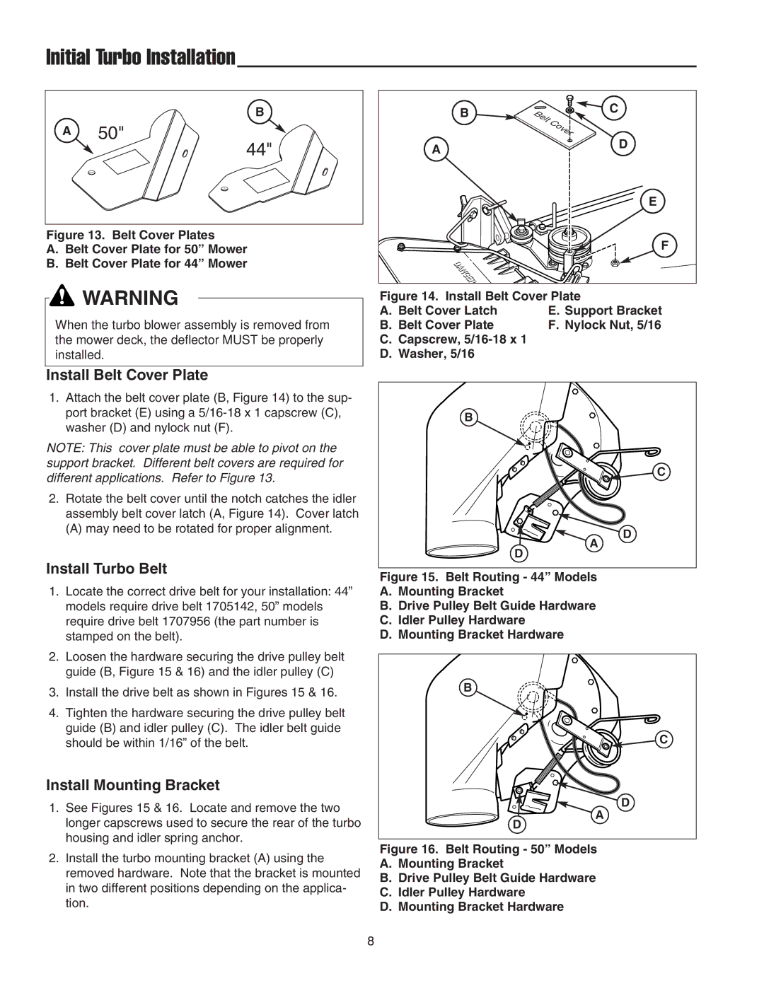 Snapper 1695064 manual Install Belt Cover Plate, Install Turbo Belt, Install Mounting Bracket 