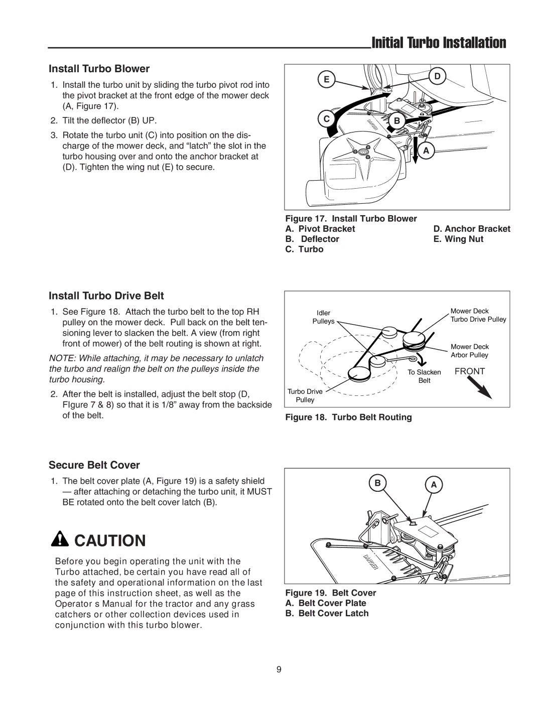 Snapper 1695064 manual Install Turbo Blower, Install Turbo Drive Belt, Secure Belt Cover 