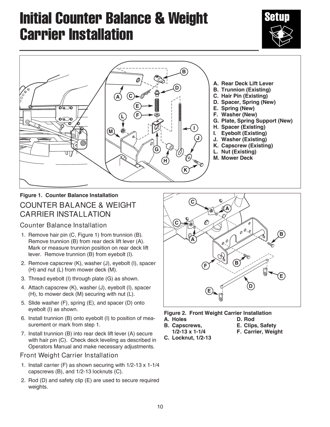 Snapper 1695064 manual Initial Counter Balance & Weight Carrier Installation 