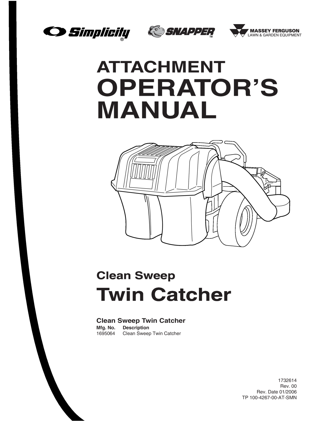 Snapper 1695064 manual Clean Sweep Twin Catcher, Operator’S Manual, Attachment, Mfg. No. Description 