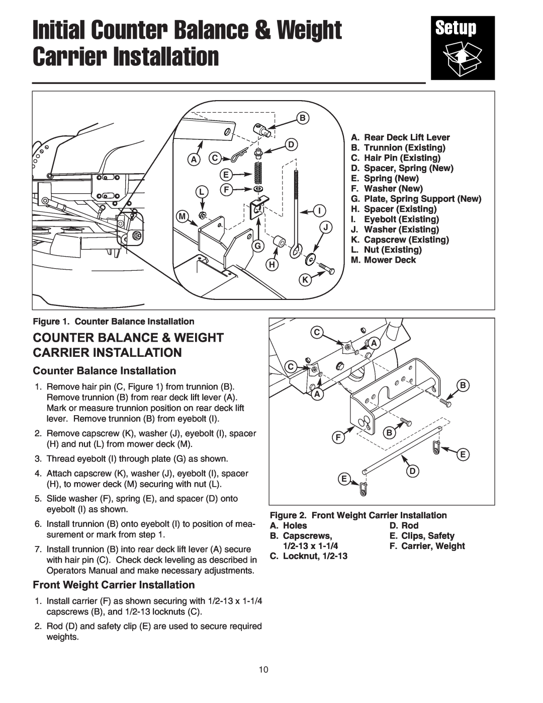 Snapper 1695064 manual Initial Counter Balance & Weight Carrier Installation, Counter Balance Installation 