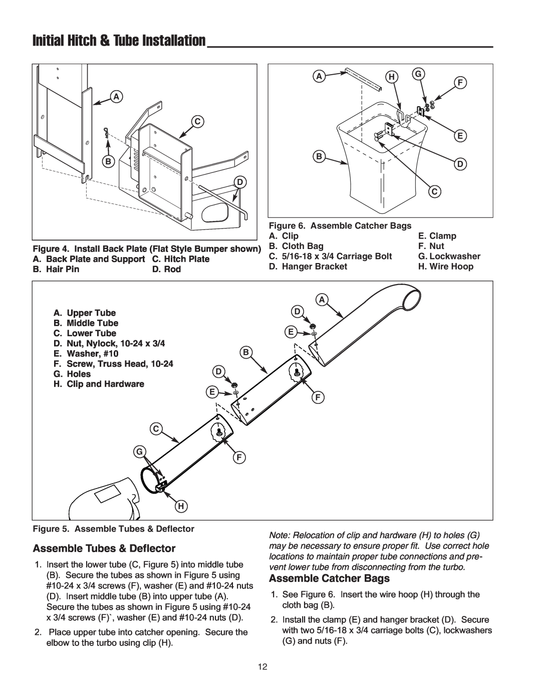 Snapper 1695064 manual Initial Hitch & Tube Installation, Assemble Tubes & Deflector, Assemble Catcher Bags 