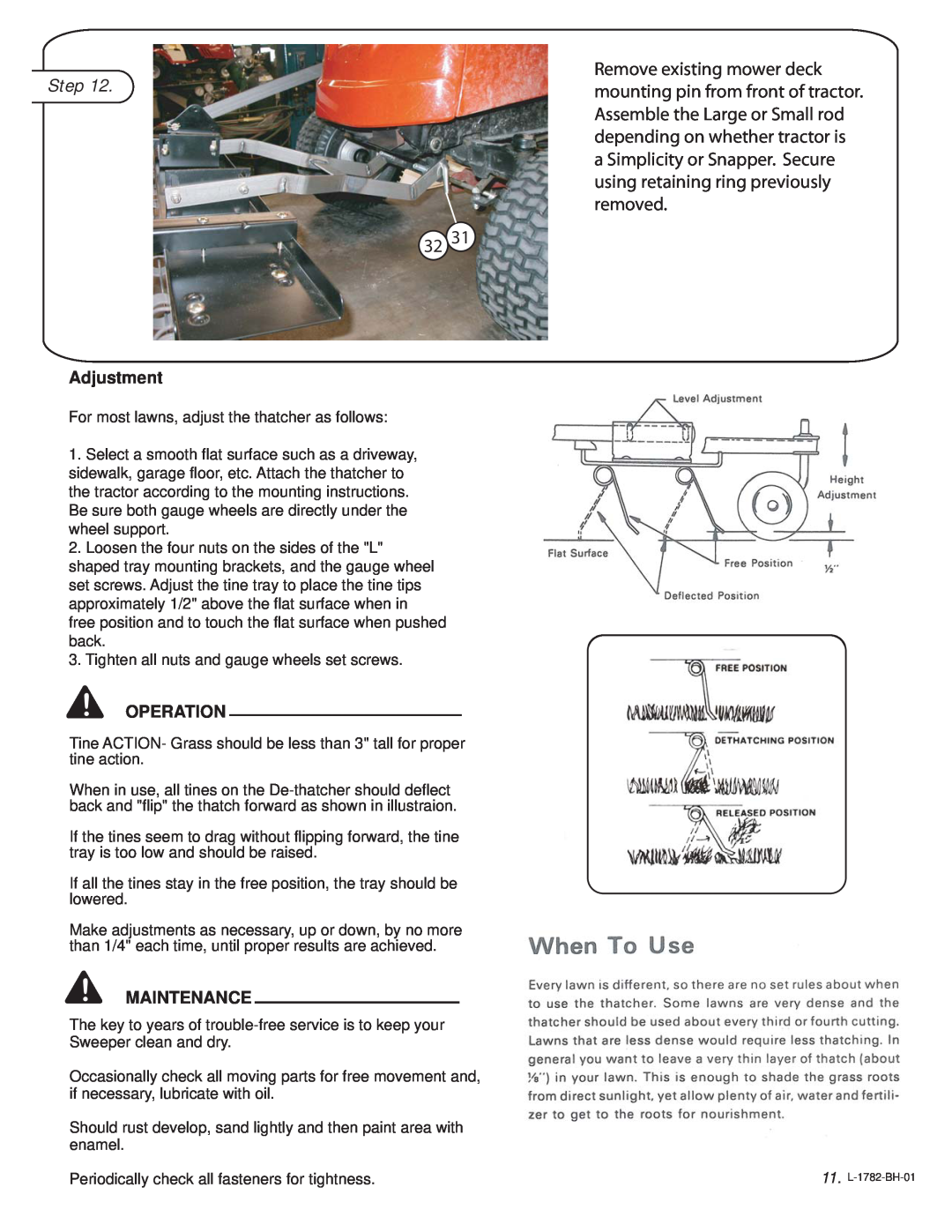 Snapper 1695066 owner manual Step, Adjustment, Operation, Maintenance 