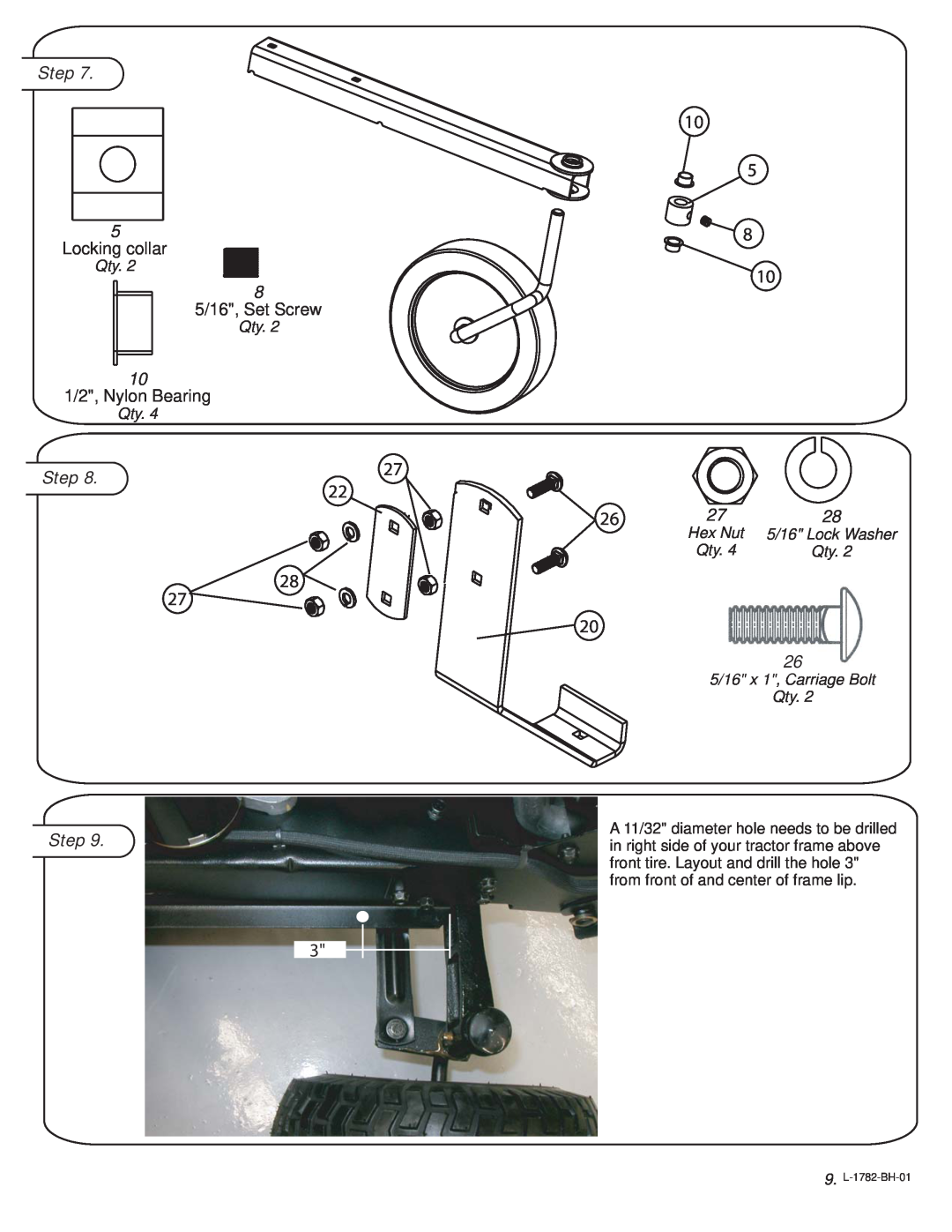 Snapper 1695066 owner manual Locking collar, 5/16, Set Screw, 1/2, Nylon Bearing, Step, 9. L-1782-BH-01 