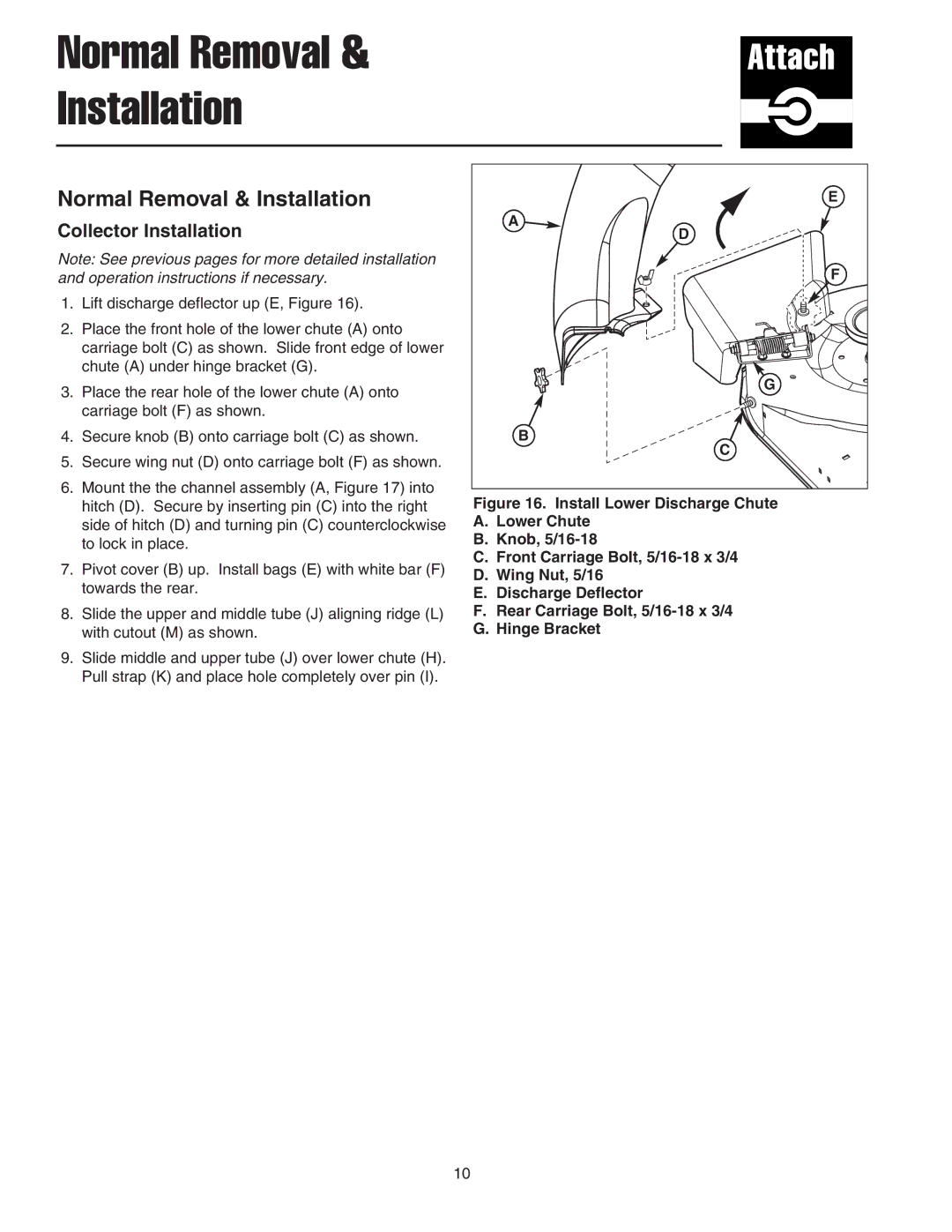 Snapper 1695164 manual Normal Removal & Installation, Collector Installation 