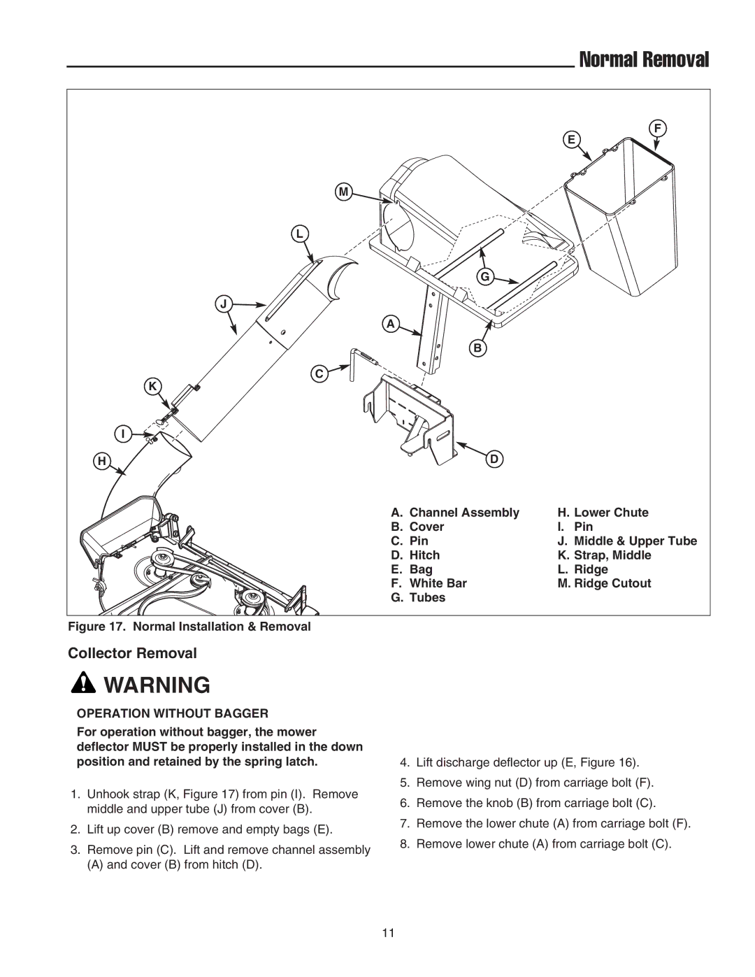 Snapper 1695164 manual Normal Removal, Collector Removal 