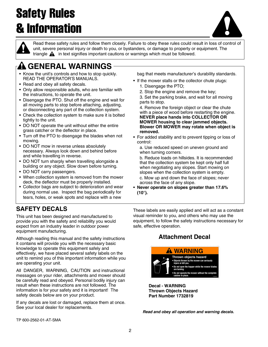 Snapper 1695164 manual Safety Rules Information, Attachment Decal 