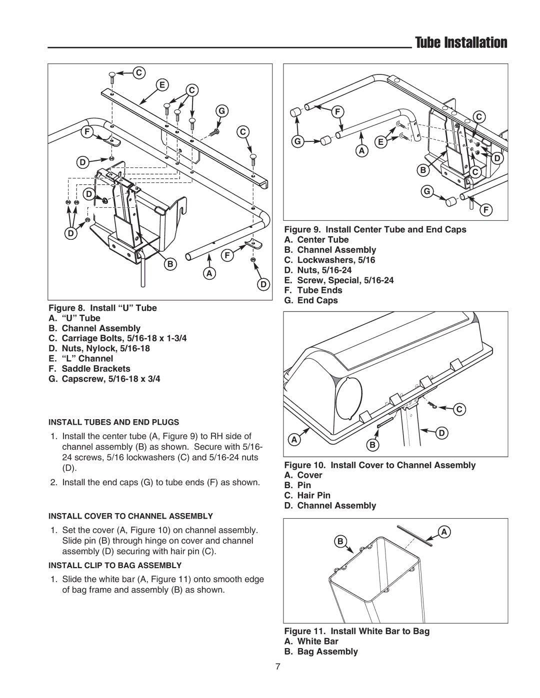 Snapper 1695164 manual Tube Installation, Install Cover to Channel Assembly Pin Hair Pin 