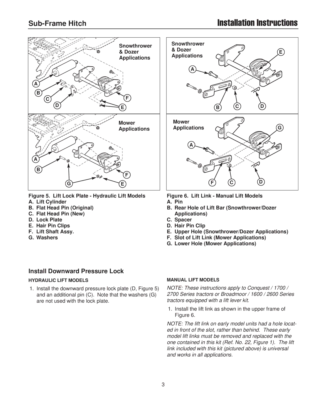 Snapper 1695195 installation instructions Install Downward Pressure Lock, Dozer, Applications, Mower 