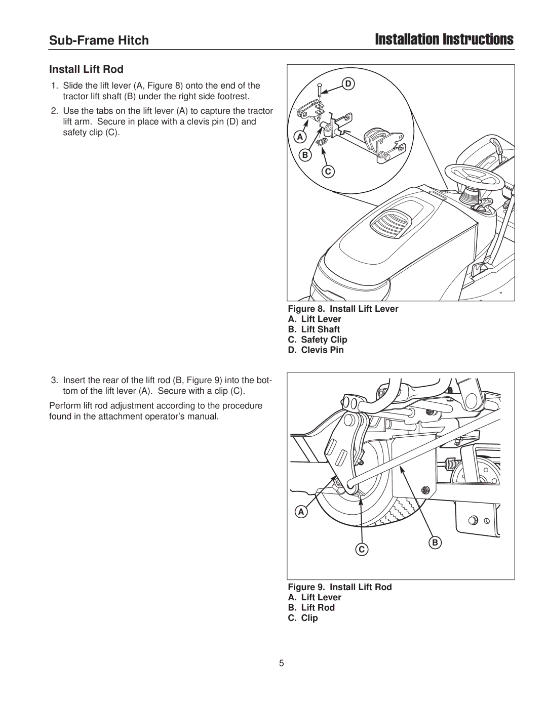 Snapper 1695195 installation instructions Install Lift Rod, Install Lift Lever Lift Shaft Safety Clip Clevis Pin 