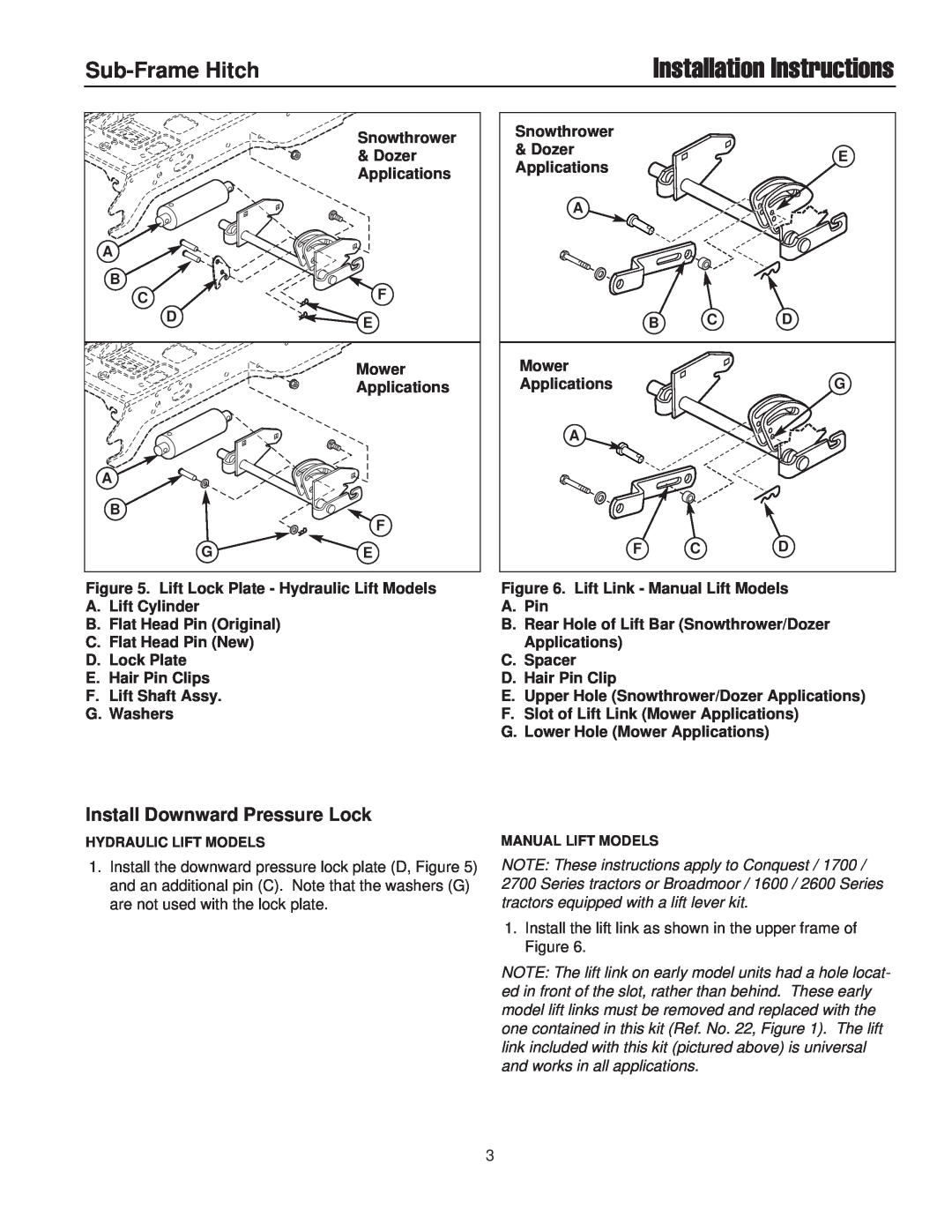 Snapper 1695195 installation instructions Installation Instructions, Sub-Frame Hitch 