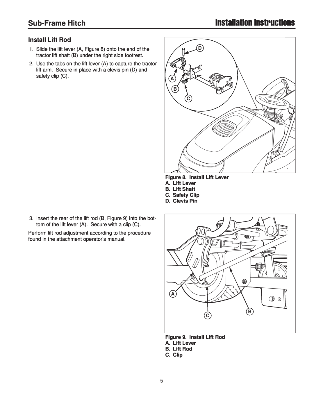 Snapper 1695195 installation instructions Installation Instructions, Sub-Frame Hitch, Install Lift Rod 