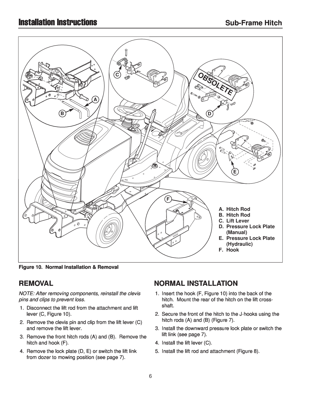 Snapper 1695195 installation instructions Removal, Normal Installation, Installation Instructions, Sub-Frame Hitch 