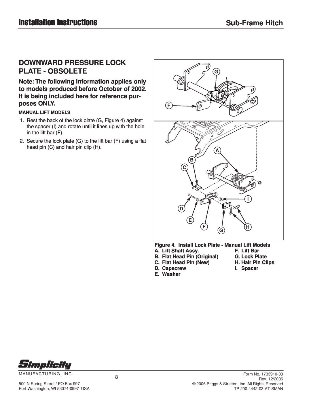 Snapper 1695195 Downward Pressure Lock Plate - Obsolete, Installation Instructions, Sub-Frame Hitch, Manufacturing, Inc 