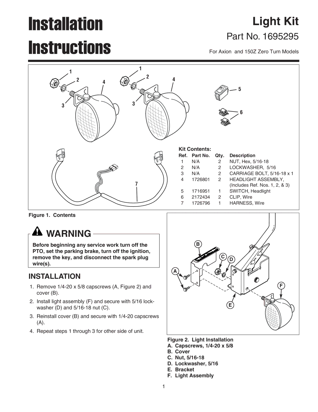 Snapper 1695295 installation instructions Installation Instructions 