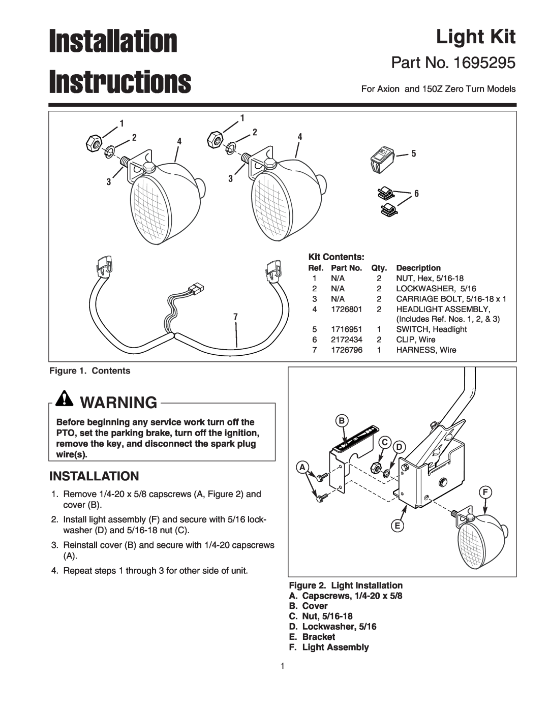 Snapper 1695295 installation instructions Installation Instructions, Light Kit 
