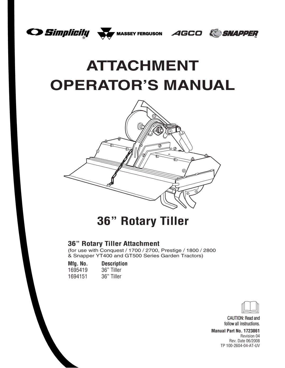 Snapper 1694151, 1695419 manual Attachment OPERATOR’S Manual, Mfg. No 