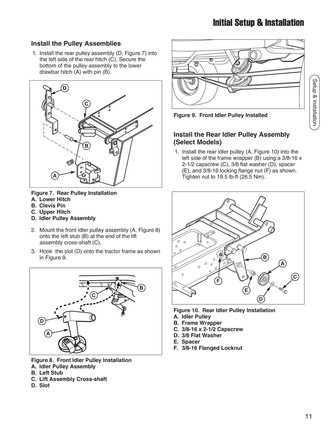 Snapper 1694151, 1695419 manual Install the Pulley Assemblies, Install the Rear Idler Pulley Assembly Select Models 