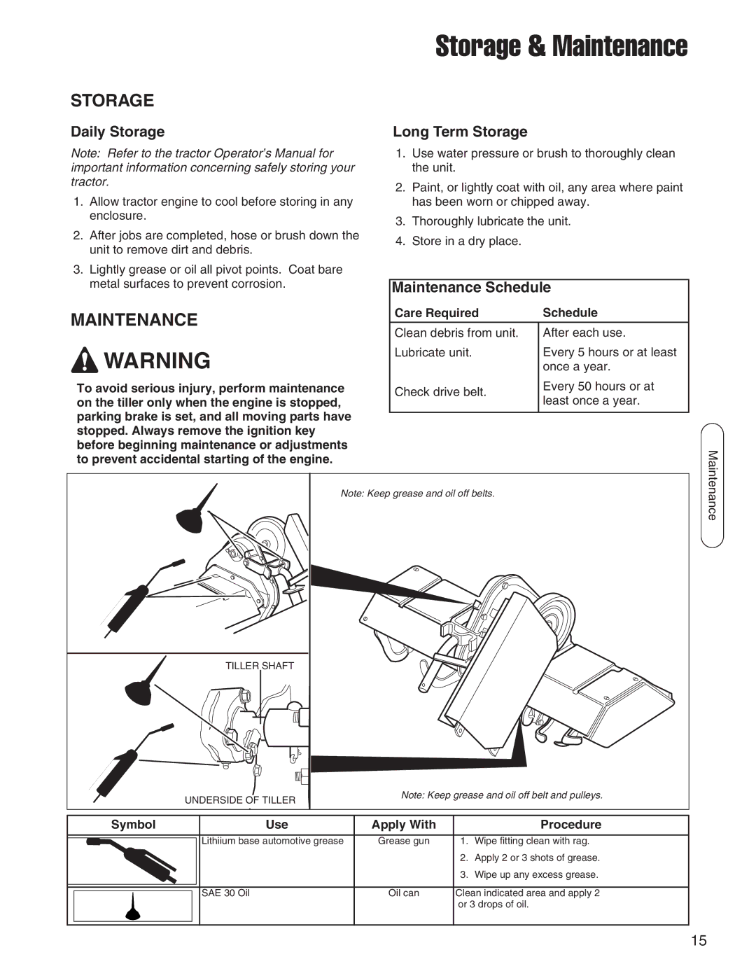 Snapper 1694151, 1695419 manual Storage & Maintenance, Daily Storage, Maintenance Schedule 