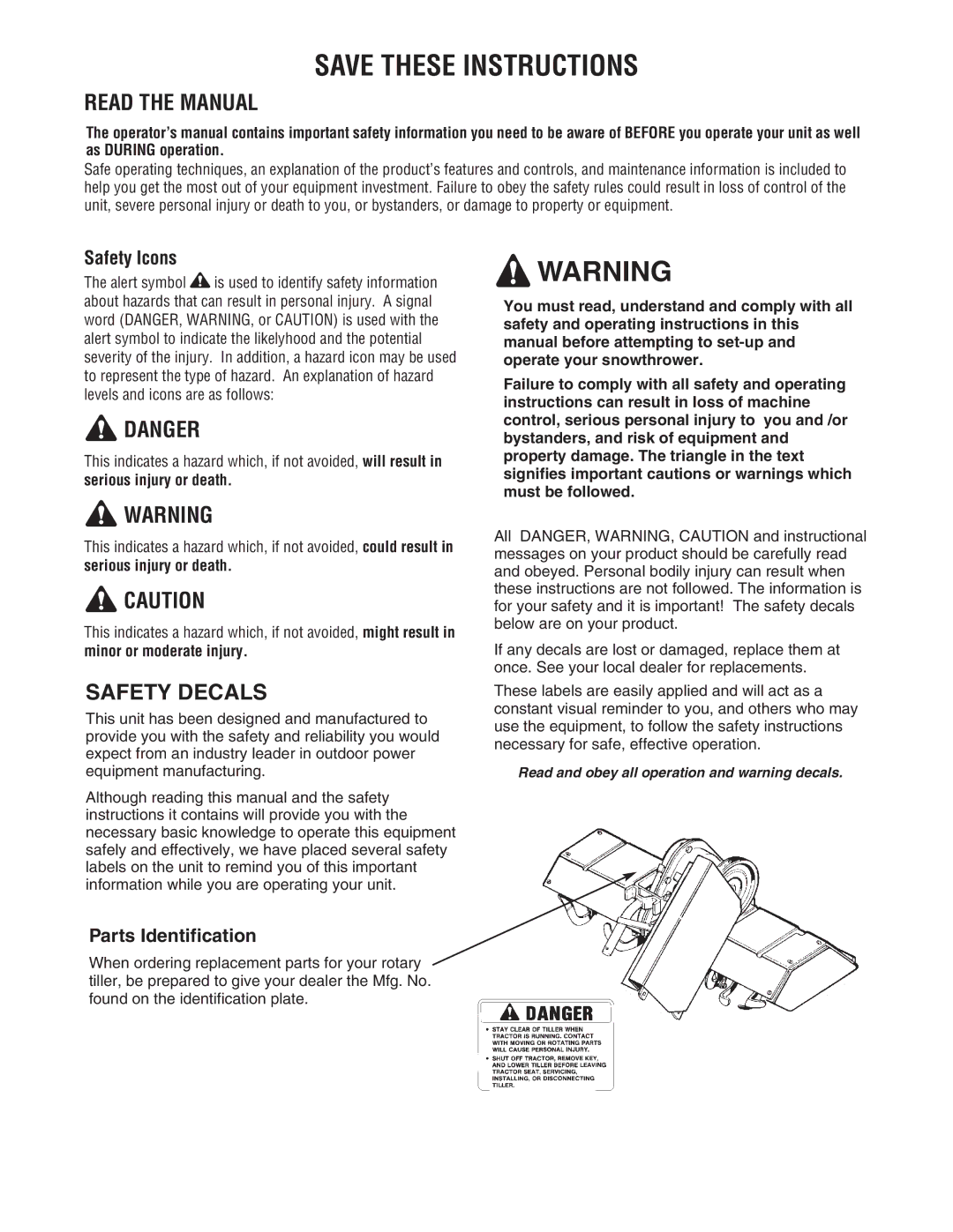 Snapper 1695419, 1694151 manual Read the Manual, Safety Decals, Safety Icons, Parts Identification 