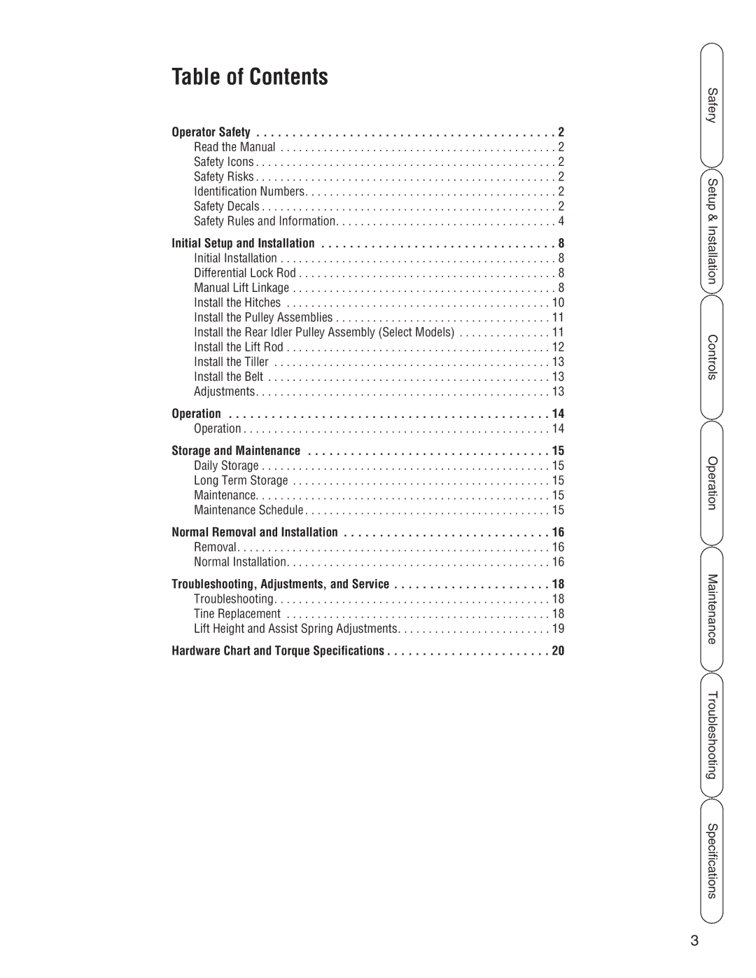 Snapper 1694151, 1695419 manual Table of Contents 