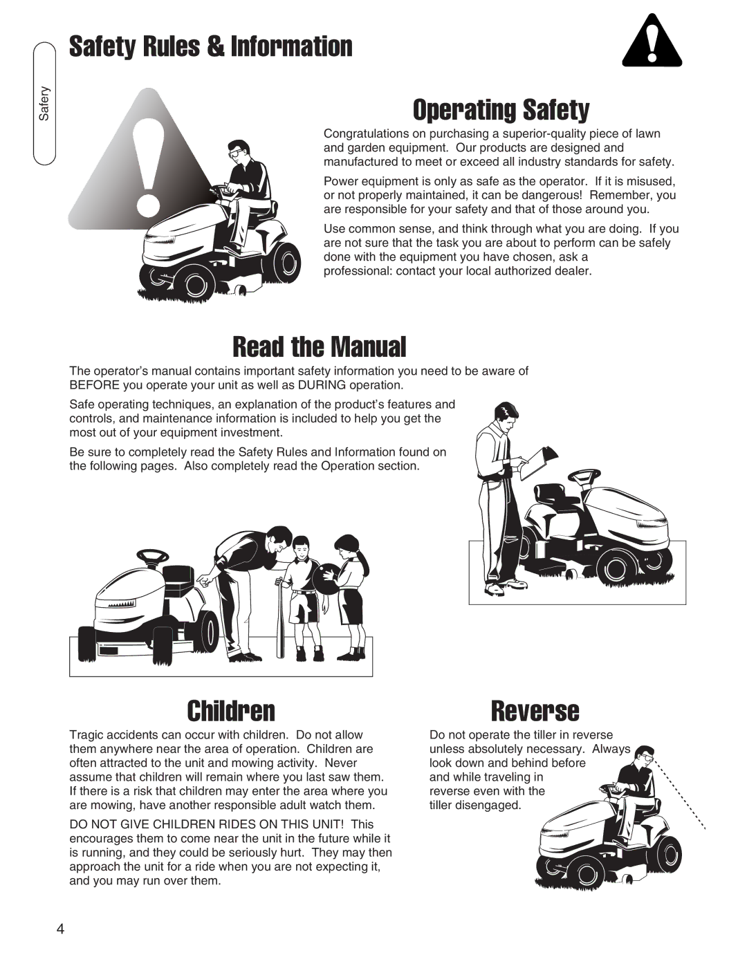 Snapper 1695419, 1694151 manual Safety Rules & Information Operating Safety, Read the Manual, Children, Reverse 