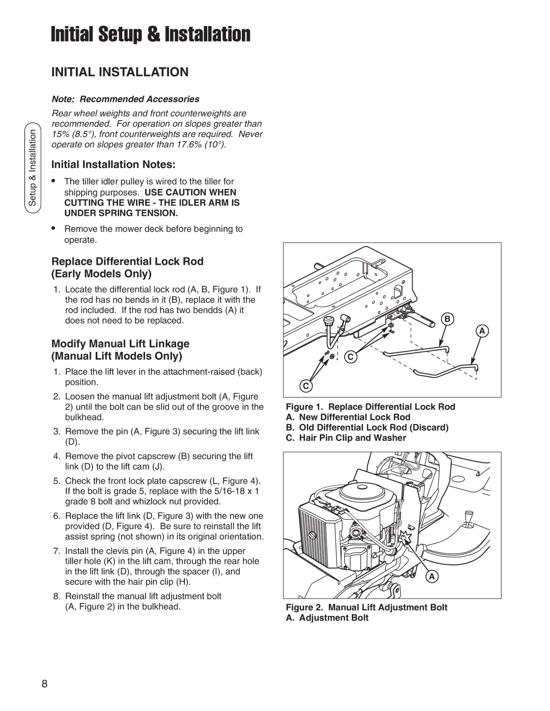 Snapper 1695419, 1694151 manual Initial Installation Notes, Replace Differential Lock Rod Early Models Only 