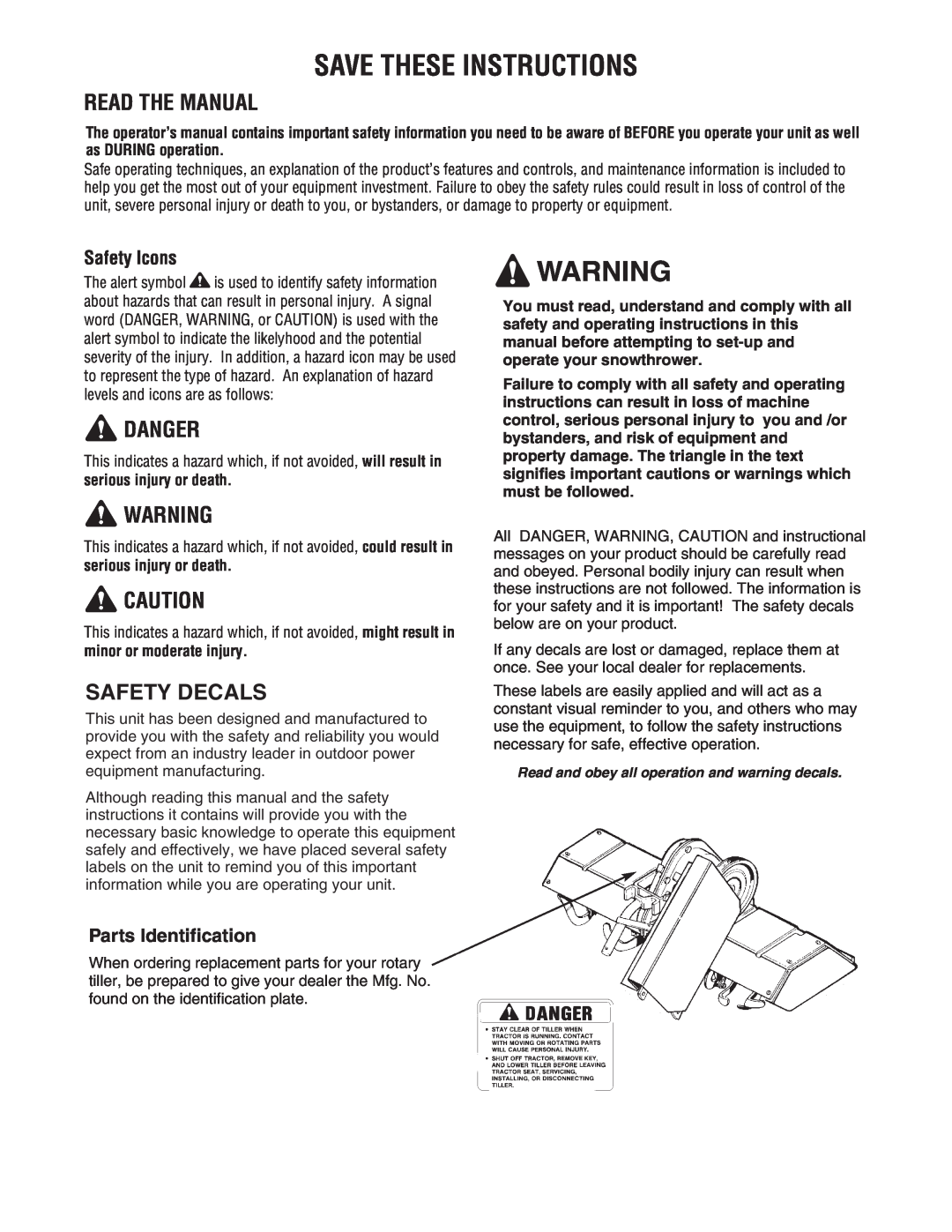 Snapper 1695419 manual Save These Instructions, Read The Manual, Danger, Safety Decals, Safety Icons, Parts Identification 