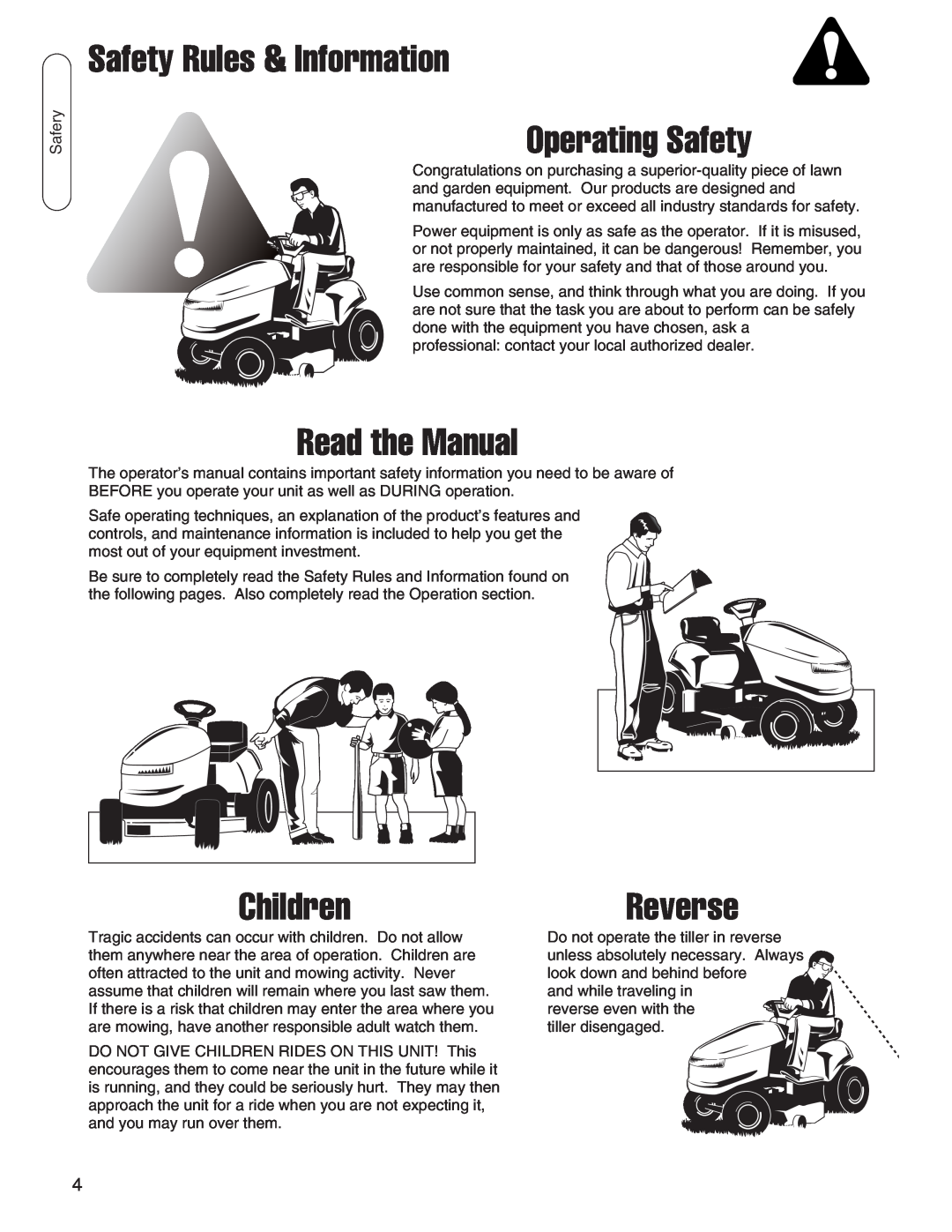 Snapper 1695419, 1694151 manual Safety Rules & Information Operating Safety, Read the Manual, Children, Reverse 