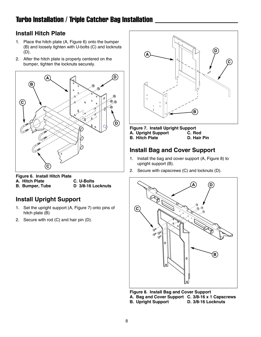 Snapper 1695464 manual Turbo Installation / Triple Catcher Bag Installation, Install Hitch Plate, Install Upright Support 