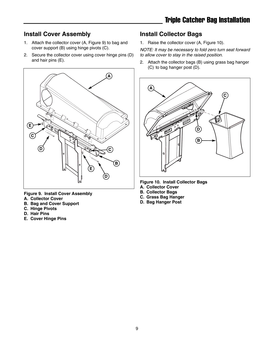 Snapper 1695464 manual Triple Catcher Bag Installation, Install Cover Assembly, Install Collector Bags 