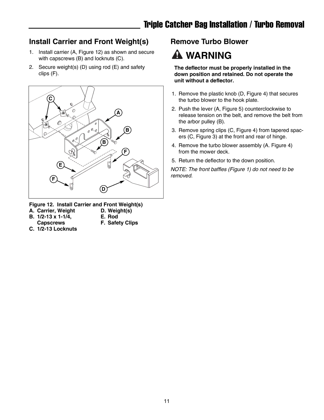 Snapper 1695464 manual Install Carrier and Front Weights, Remove Turbo Blower 