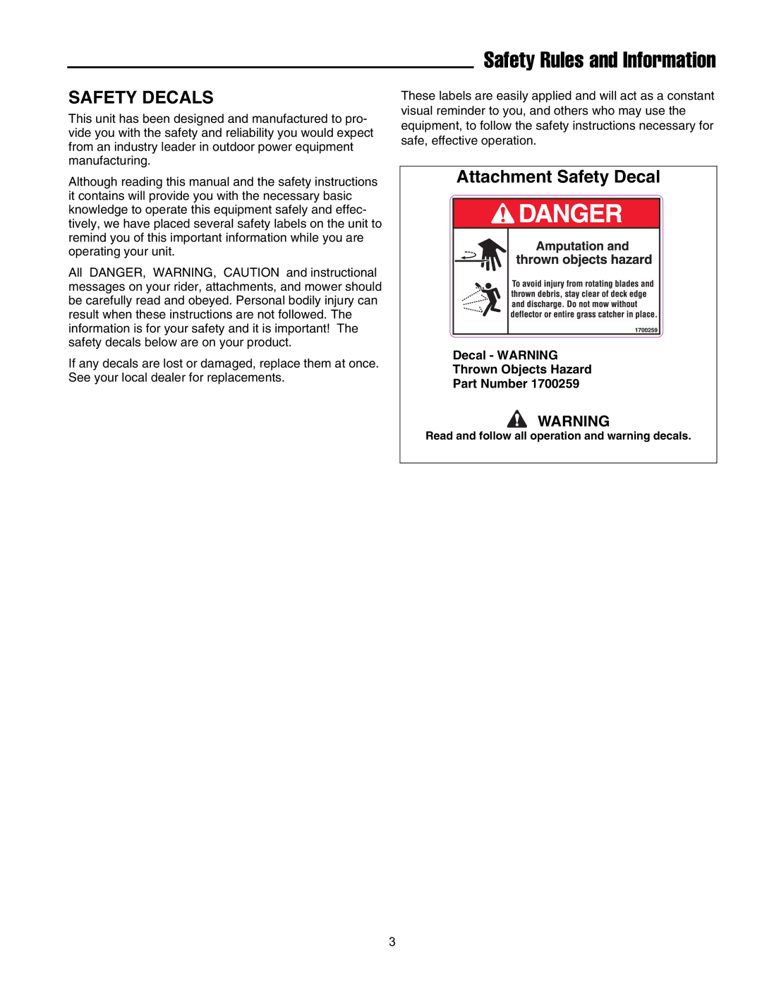 Snapper 1695464 manual Safety Decals, Attachment Safety Decal 