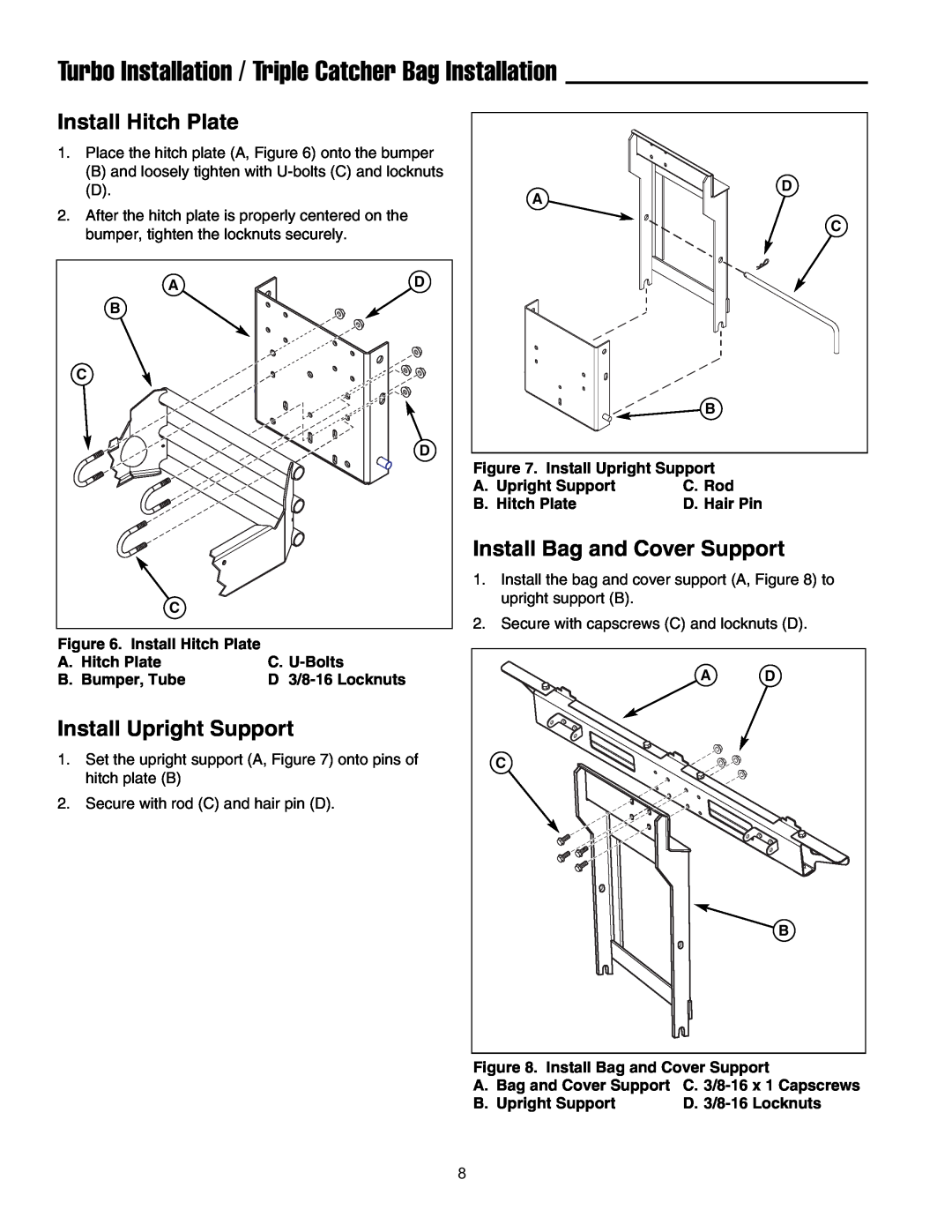 Snapper 1695464 manual Install Hitch Plate, Install Upright Support, Install Bag and Cover Support 
