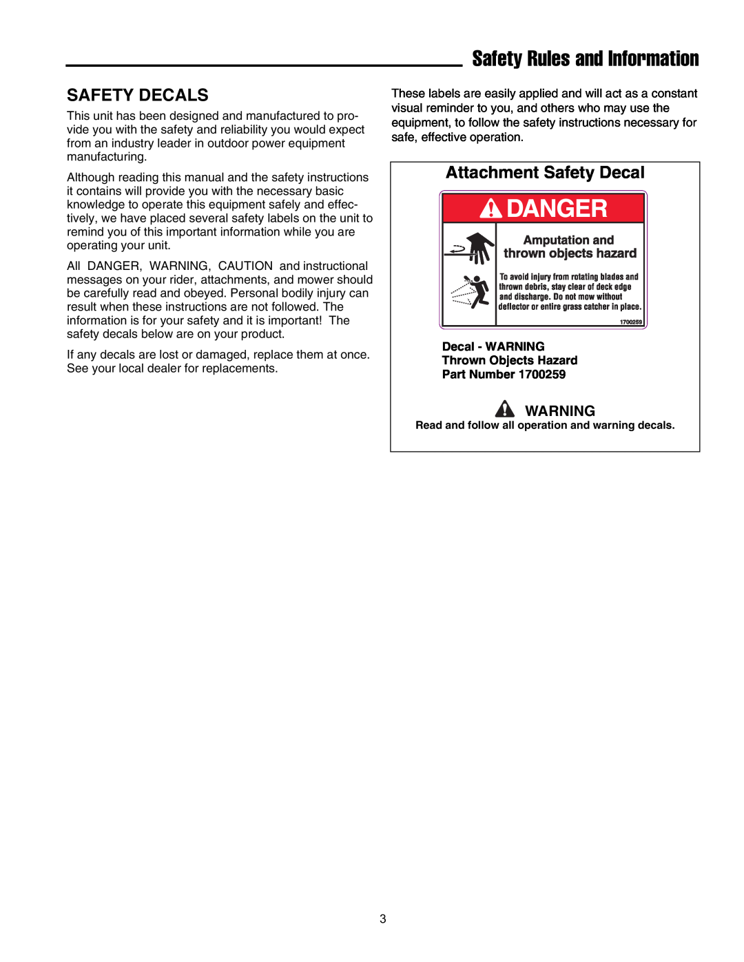 Snapper 1695464 manual Safety Decals, Attachment Safety Decal, Safety Rules and Information 