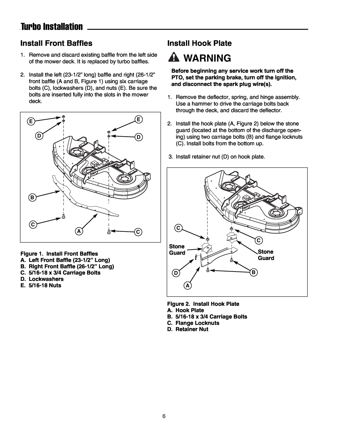 Snapper 1695464 manual Turbo Installation, Install Front Baffles, Install Hook Plate 